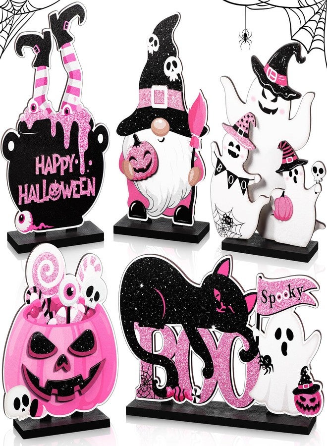 Blosssound 5 Pcs Halloween Table Signs Decor Happy Boo Day Wooden Sign Black and Pink Spooky Gnome Cat Pumpkin Ghost Witch Centerpieces for Halloween Indoor Home Table Party Decorations - Image 1